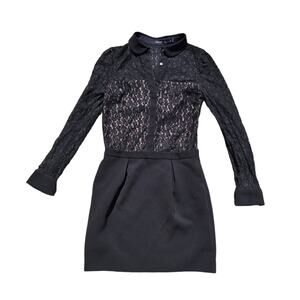 Karen Millen sz 4 black lace long sleeve collar side zip mini dress